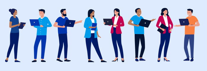Poster - People with laptop computers vector collection - Set of businesspeople characters standing holding devices, smiling and talking. Simple side view flat design illustrations on blue background