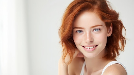 Wall Mural - Portrait of a smiling cheerful teenage girl with a short haircut and red hair, white background, banner.