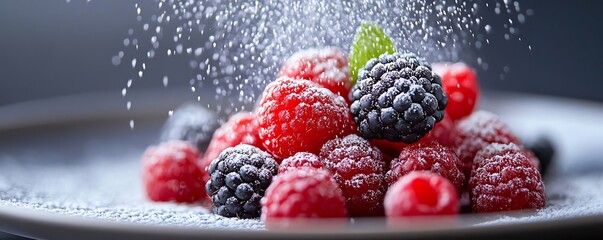 A closeup of a dessert plate with carefully placed berries and a dusting of powdered sugar, creating a dynamic visual contrast, Dessert styling, elegant plating