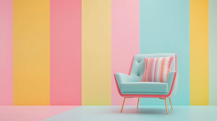 Abstract minimal concept. Pastel multi colour vibrant groovy retro striped background wall frame with bright armchair decor. Mock up template for product presentation. 3D rendering