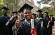 © IQRAMULSHANTO - Smiling multiethnic students in black gowns and caps holding diplomas, thumbs up, university, front view.