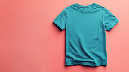 Wall Mural - an isolated turquoise T-shirt set against a warm peach background in a designer studio