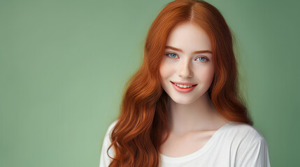 Wall Mural - Portrait of a smiling cheerful teenage girl with long red hair and perfect skin, light green background, banner.