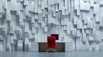 Canvas Print - A red chair sitting in front of a white wall with computer monitor, AI