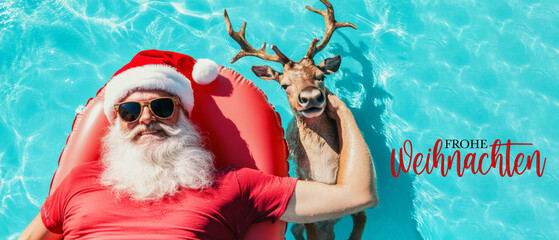 Wall Mural - frohe weihnachten urlaub winter grußkarte mit deutschem text - cooler hipster weihnachtsmann mit son