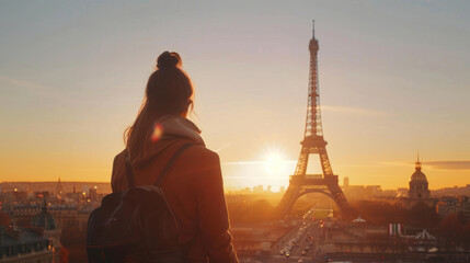  Iconic view of the Eiffel Tower in Paris at sunset, highlighting a romantic travel destination