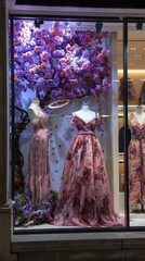 Poster - A display showcases beautiful floral evening gowns under a purple tree, attracting passersby with vibrant colors