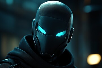 Cyber warrior with glowing mask in a dark setting embodying the mysterious and powerful nature of futuristic defense systems