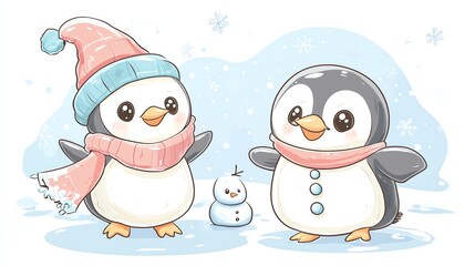 Two cute cartoon penguins, one wearing a hat and scarf, standing in front of a snowman.