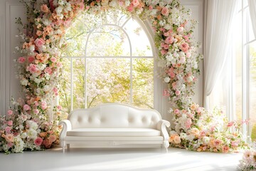 Wall Mural - Backdrop wedding with sofa and flowers generative AI