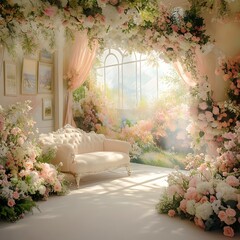 Wall Mural - Backdrop wedding with sofa and flowers generative AI