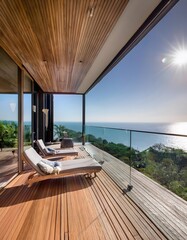 Living room sea view, luxury glass and mirror and modern with sunbed on teak wooden balcony.