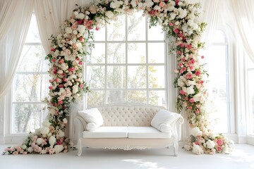 Wall Mural - Backdrop wedding with sofa and flowers generative AI