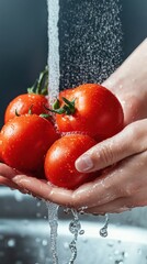 A close-up view of hands gently washing freshly picked tomatoes in a rustic kitchen sink, with water droplets and bright red tomatoes reflecting the care of homegrown food