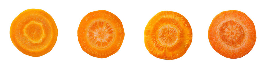 Four carrot slices isolated on a transparent background, ideal for healthy eating and nutrition concept designs