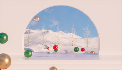 Leinwandbilder - Winter Christmas podium backdrop for product display with snow landscape background. 3d rendering