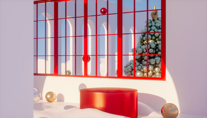 Leinwandbilder - Winter Christmas podium backdrop for product display with snow landscape background. 3d rendering