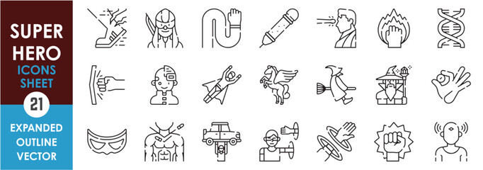 Poster - a set of line icons related to super hero. fiction, magic, hero, savior, strong, honest, portal, mov