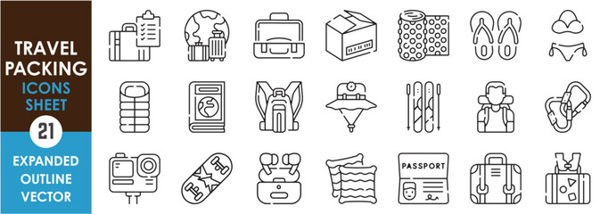 Poster - a set of line icons related to travel packing. travel, tourist, package, clothes, adventure, vacatio