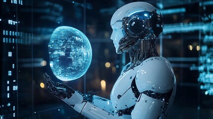 AI Robot Holding a Digital Globe