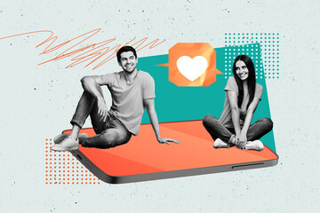 Sticker - Composite photo collage of two happy girl guy lovers sit phone screen like heart notification sympathy isolated on painted background