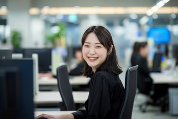 Wall Mural - Smiling Businesswoman at Her Desk in a Modern Office