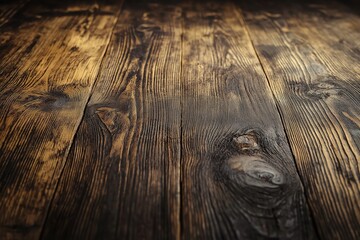 A close-up view of an aged wooden surface displaying intricate grain patterns and rustic texture.