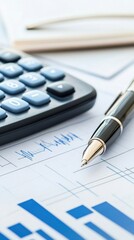 A calculator, ledger, and pen overlaid with transparent financial data, symbolizing accounting and finance