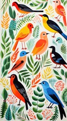 Sticker - Many tropical birds flying painting pattern animal.