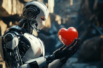 Sticker - Robotic hand tenderly holding a red heart blending hard technology with gentle human emotions