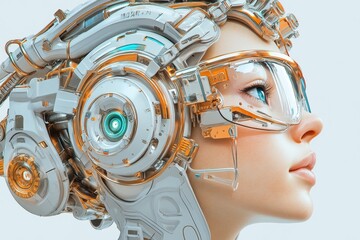 Wall Mural - Cybernetic woman with intricate gear mechanisms highlighting advanced AI and human likeness