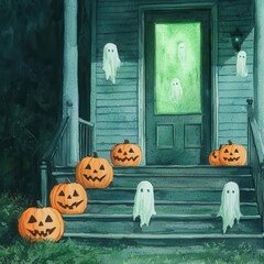 A front porch bathed in eerie green light, with carved pumpkins lining the steps, and ghostly apparitions floating in the mist