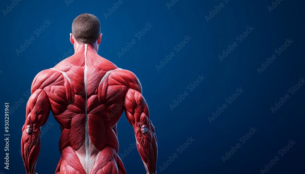 Human Anatomy Muscle Fibers in the Back on Deep Blue Background Human ...