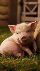 adorable pink pig standing outdoors, farm animal close-up, cute domestic livestock on green grass ba