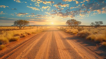 Wall Mural - Sunset over a dirt road in the Australian outback with trees and scattered clouds