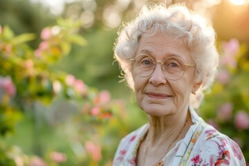 Sticker - An attractive elderly woman with grey hair and glasses enjoys outdoor leisure, smiling warmly in nature.