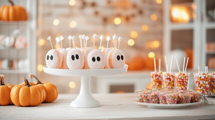 Sticker - Halloween Ghost Cake Pops on White Cake Stand.