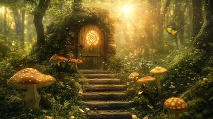 A fantasy scene set in an enchanted fairy tale forest, featuring a magical, secret wooden door slightly ajar, revealing a staircase that leads to a mystical, shining light beyond the gate. The woods