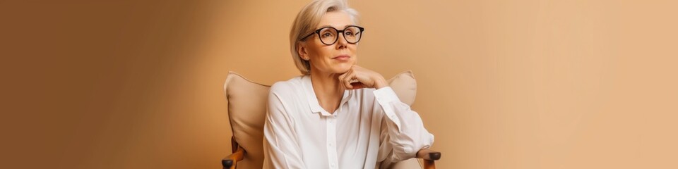 Wall Mural - A thoughtful and attractive elderly woman with gray hair and glasses, sitting indoors in a studio setting, wearing a suit.