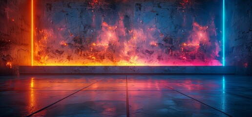 Wall Mural - abstract background with neon blue and orange light on dark concrete wall in empty room with floor reflection