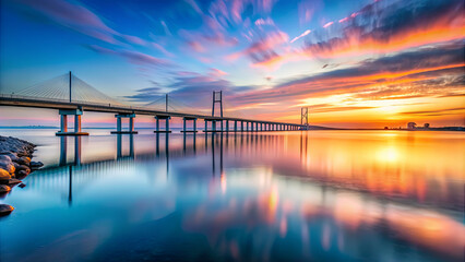 Wall Mural - A stunning sunset casts vibrant colors over the water, with a sleek bridge standing tall and reflections dancing on the serene surface