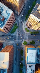 Wall Mural - Aerial of a bustling downtown area with intricate street patterns, busy traffic, and people walking along sidewalks, highlighting the dynamic energy of the city