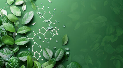 Wall Mural - DNA and molecular diagrams with plant leaves on a green background, showcasing biochemistry in nature