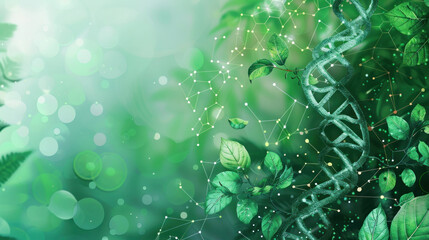 Wall Mural - DNA and biochemistry molecules intertwined with plant images on a green background, showcasing scientific exploration