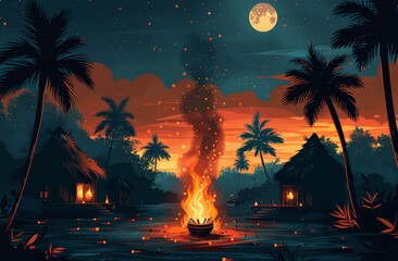 Wall Mural - A burning fire in the middle of an Indian village with traditional huts, palm trees and a black background. 