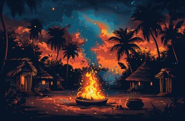 Canvas Print - A burning fire in the middle of an Indian village with traditional huts, palm trees and a black background. 