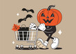 © Irina Strelnikova - Retro Halloween character. Cartoon comic groovy pumpkin with shopping cart. Holiday sale and promotion. Vector illustration.
