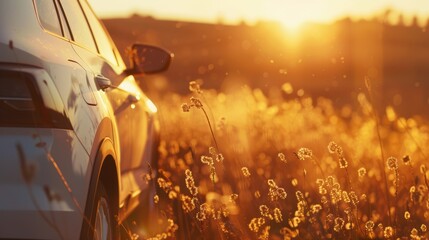 Wall Mural - A car parked in a golden field, illuminated by the warm glow of the setting sun, creating a serene atmosphere.