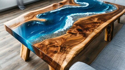 Aufkleber - This handcrafted wooden table showcases beautiful resin ocean waves, blending natural wood with a stunning blue and sandy shoreline