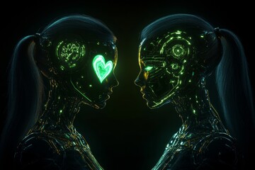 Sticker - Two robots with green glowing hearts portraying a deep connection in a futuristic setting